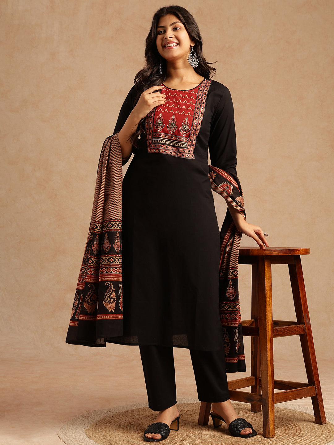 Black Solid Straight Cotton Stitched Kurta Set