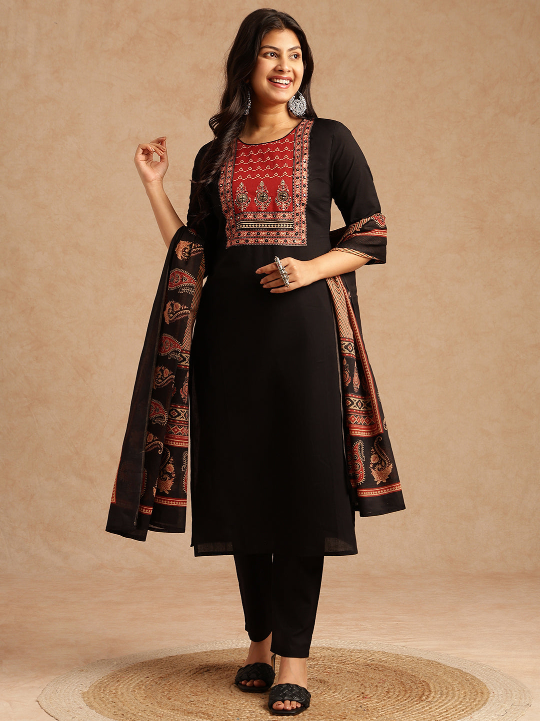 Black Solid Straight Cotton Stitched Kurta Set