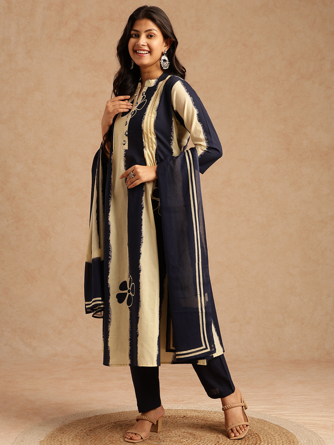 Blue Tie And Dye A-Line Cotton Stitched Kurta Set
