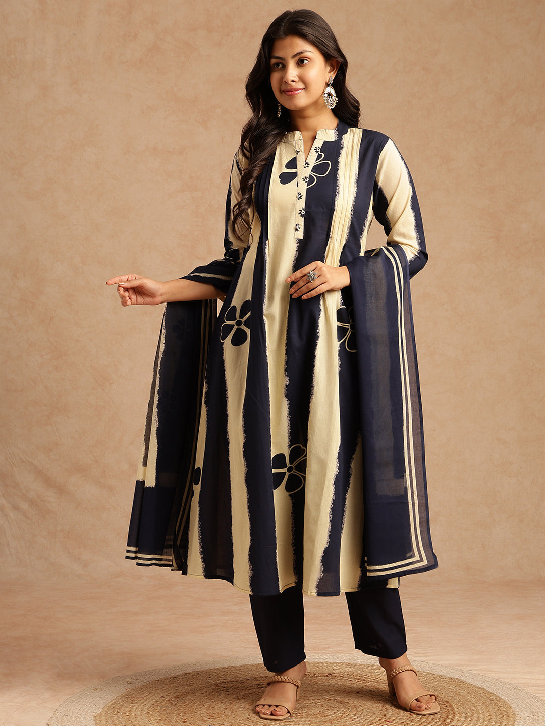 Blue Tie And Dye A-Line Cotton Stitched Kurta Set
