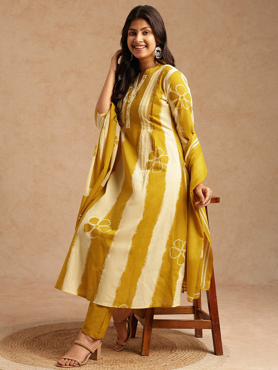 Yellow Tie And Dye A-Line Cotton Stitched Kurta Set