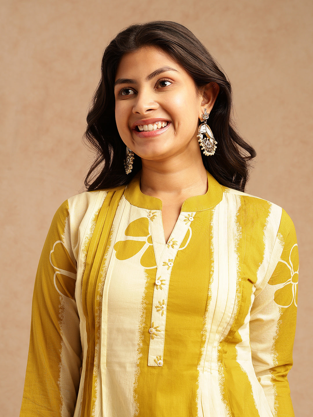 Yellow Tie And Dye A-Line Cotton Stitched Kurta Set