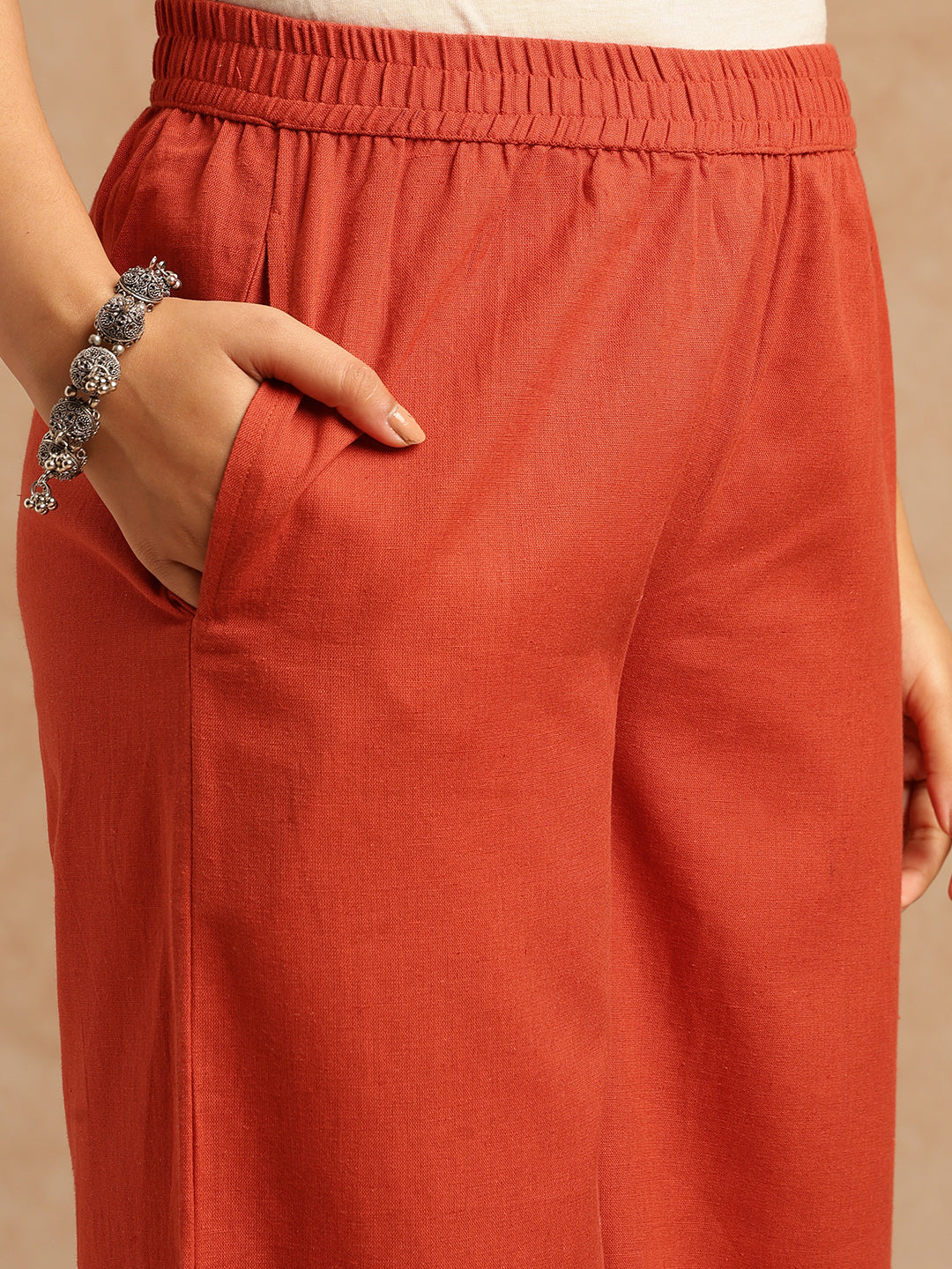 Rust Red Embroidery A-Line Khadi Cotton Stitched Kurta Set