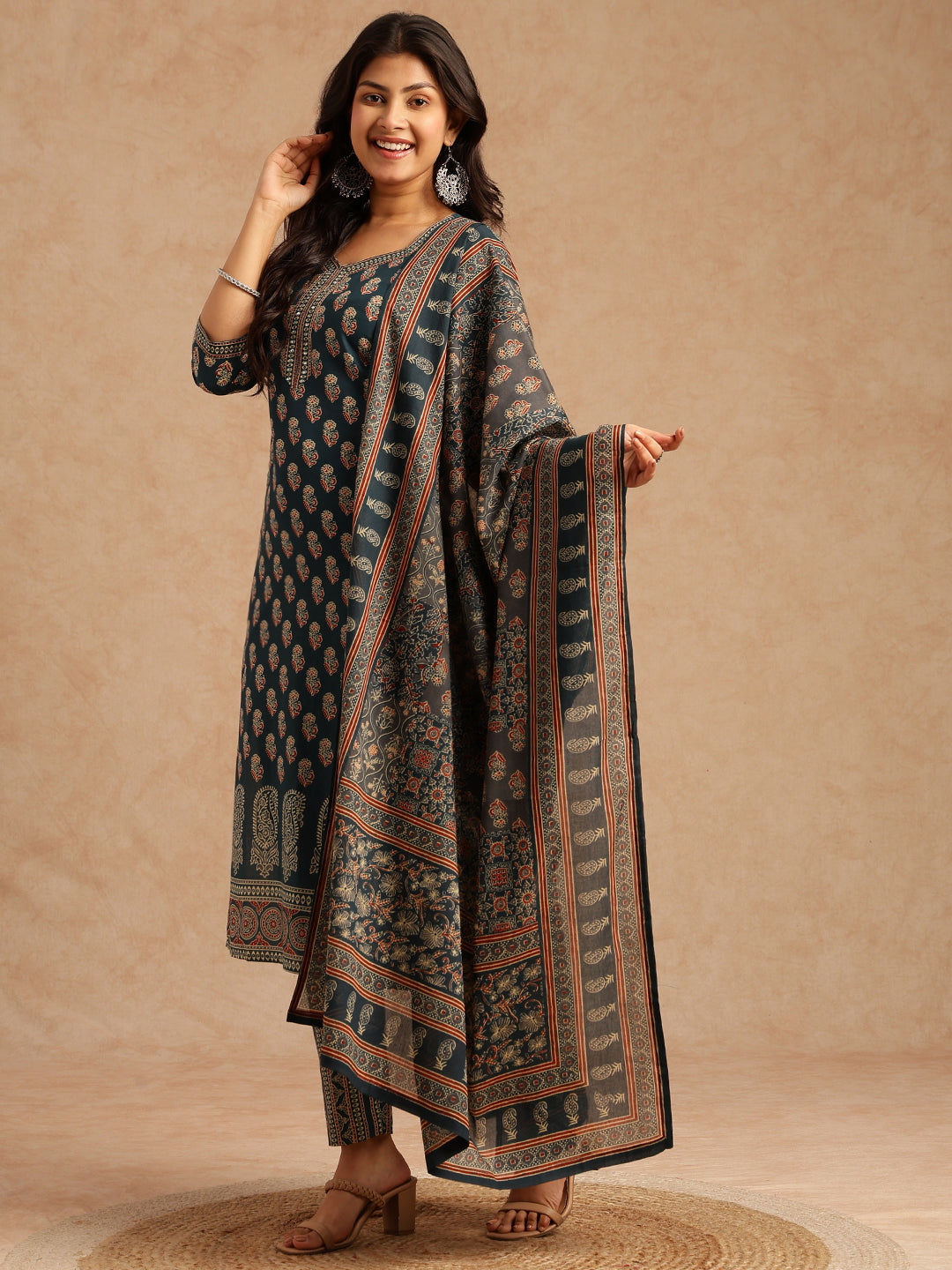 Teal Floral Print Straight Cotton Stitched Kurta Set