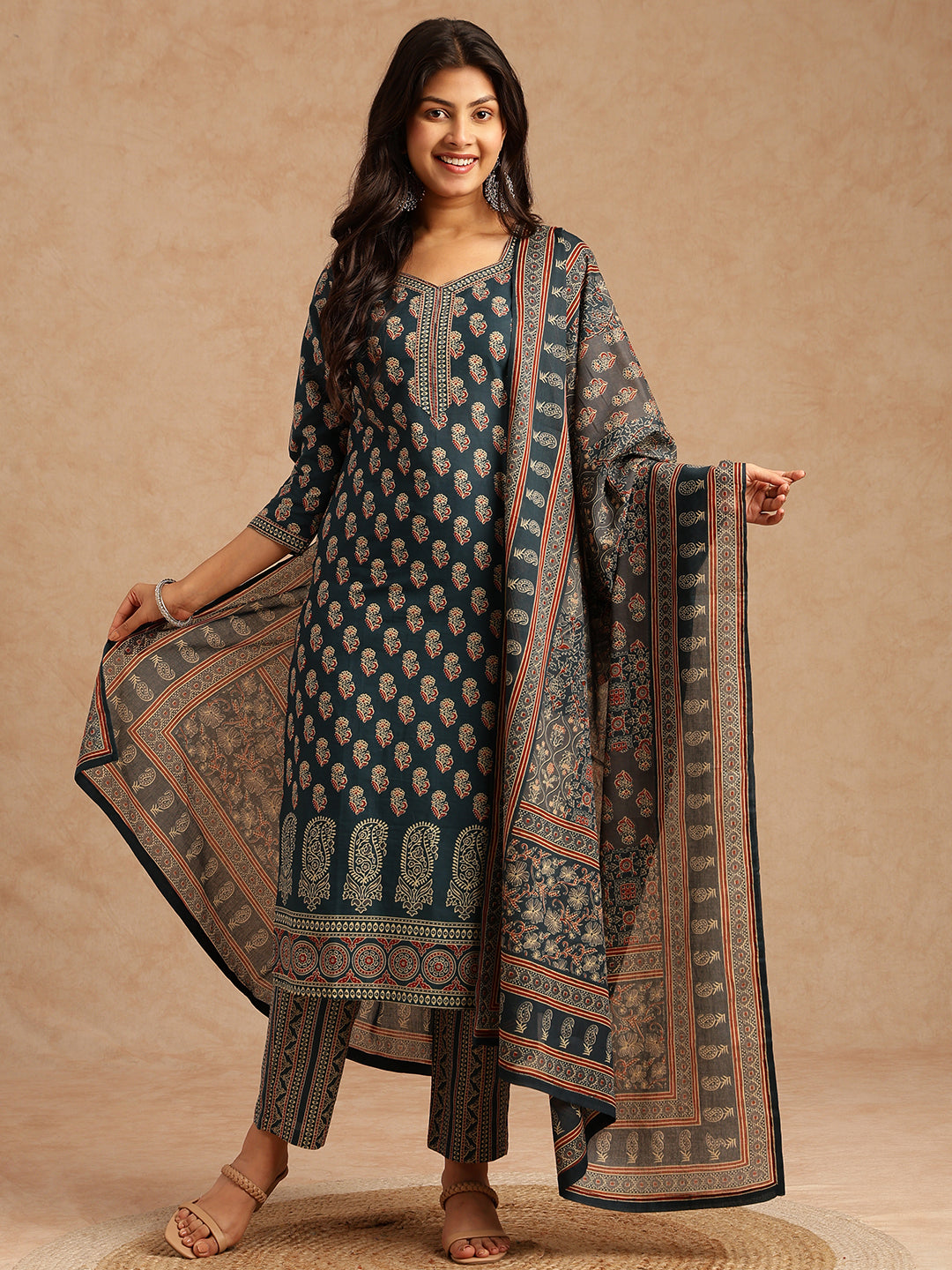 Teal Floral Print Straight Cotton Stitched Kurta Set