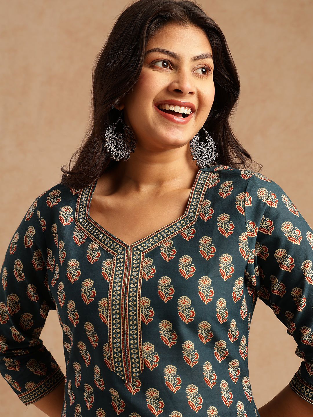 Teal Floral Print Straight Cotton Stitched Kurta Set