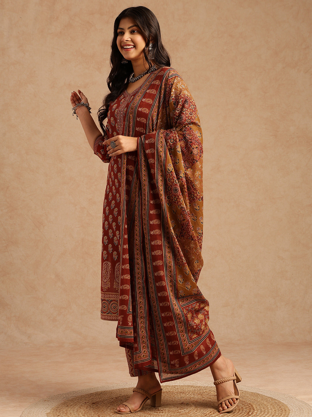 Maroon Floral Print Straight Cotton Stitched Kurta Set