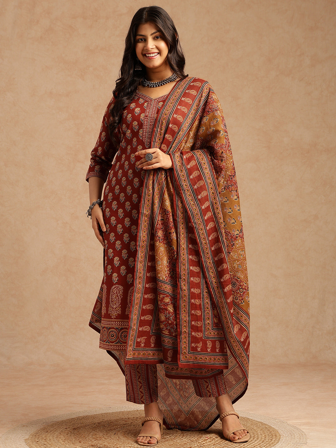 Maroon Floral Print Straight Cotton Stitched Kurta Set