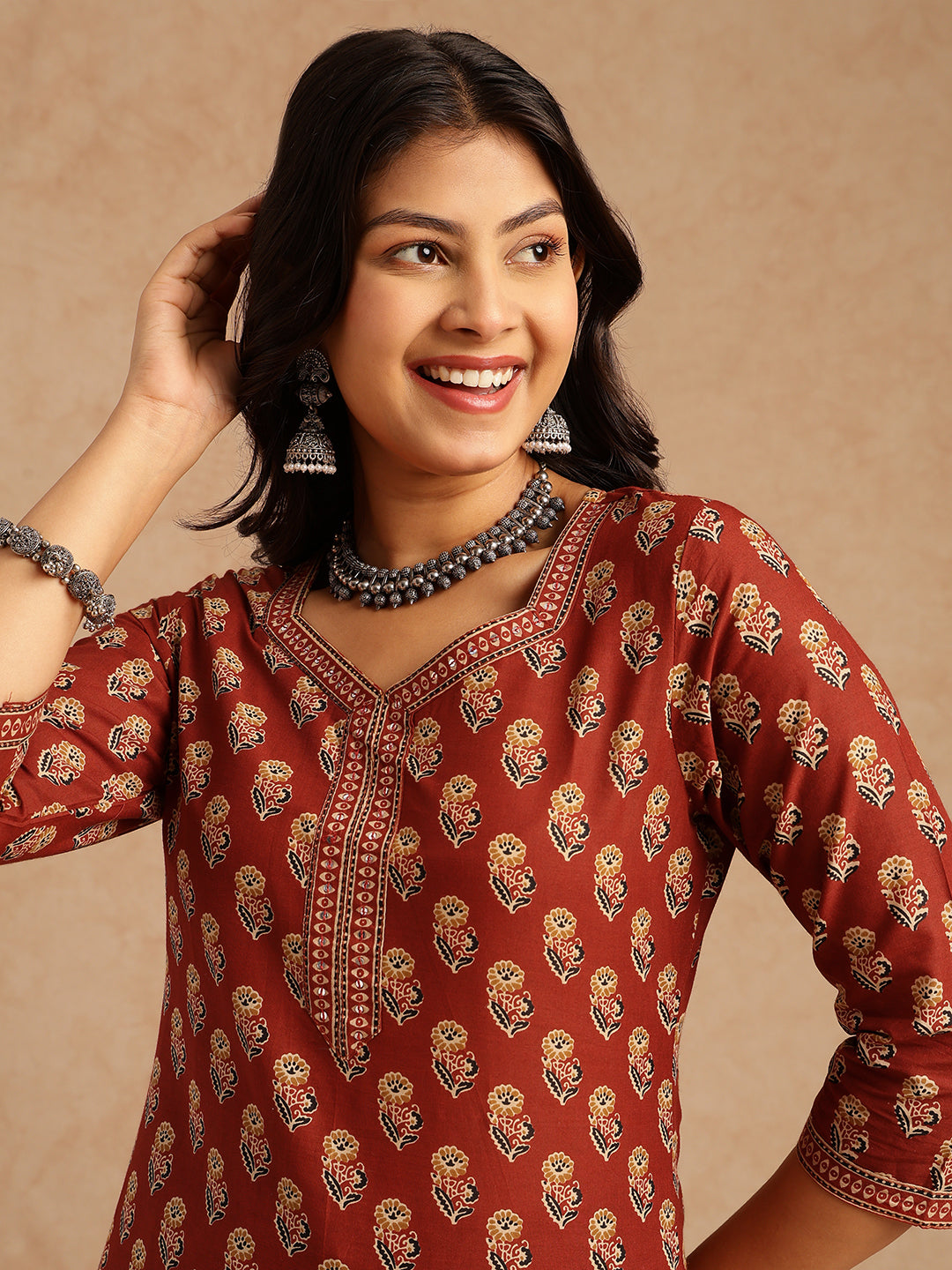 Maroon Floral Print Straight Cotton Stitched Kurta Set