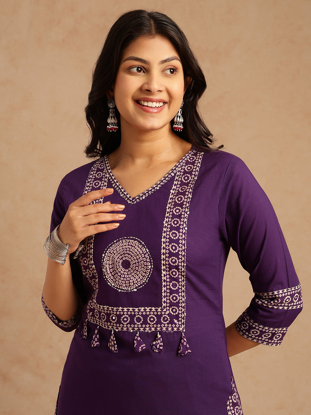 Violet Bandhani Print Straight Cotton Stitched Kurta Set