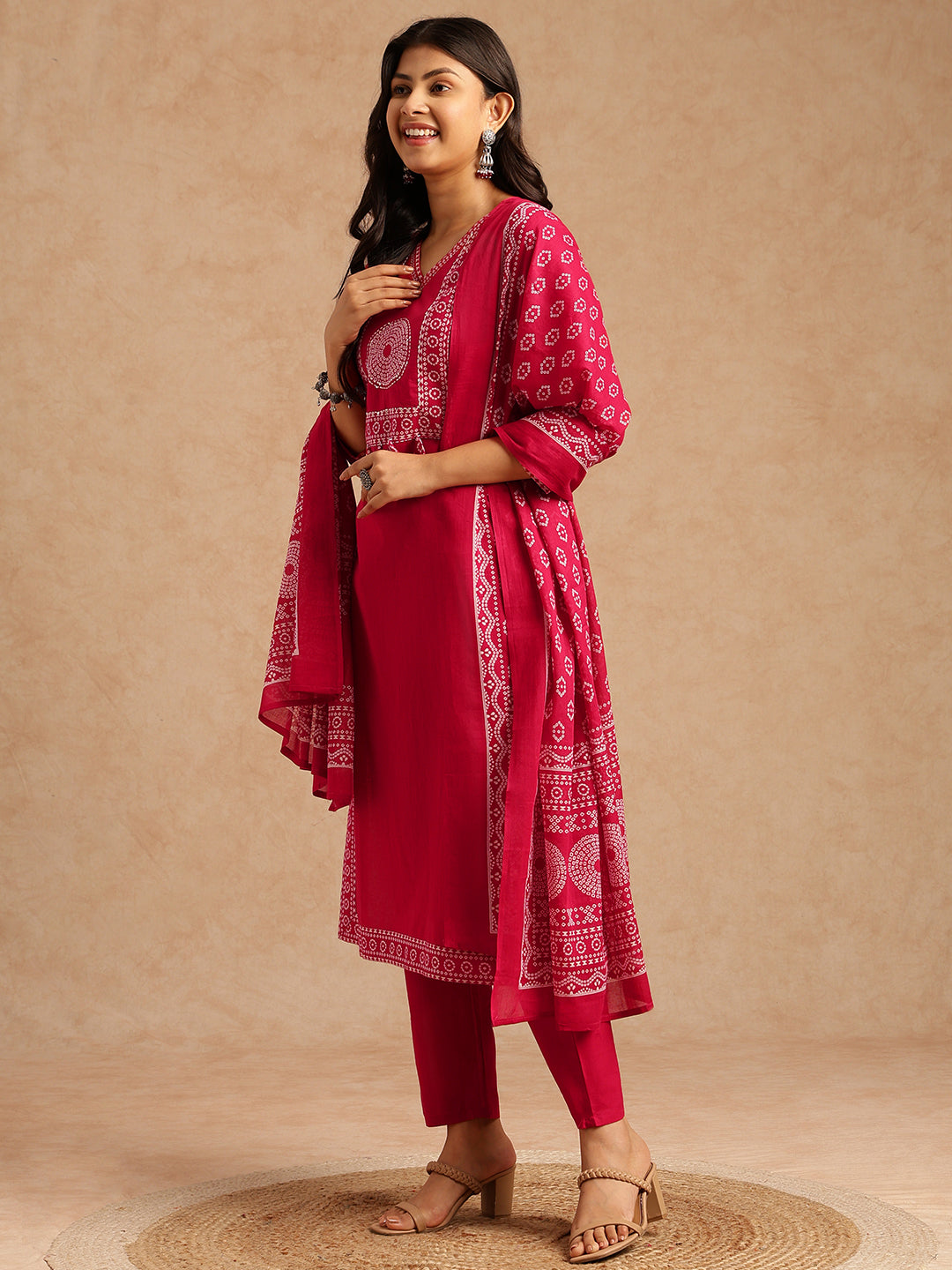 Pink Bandhani Print Straight Cotton Stitched Kurta Set
