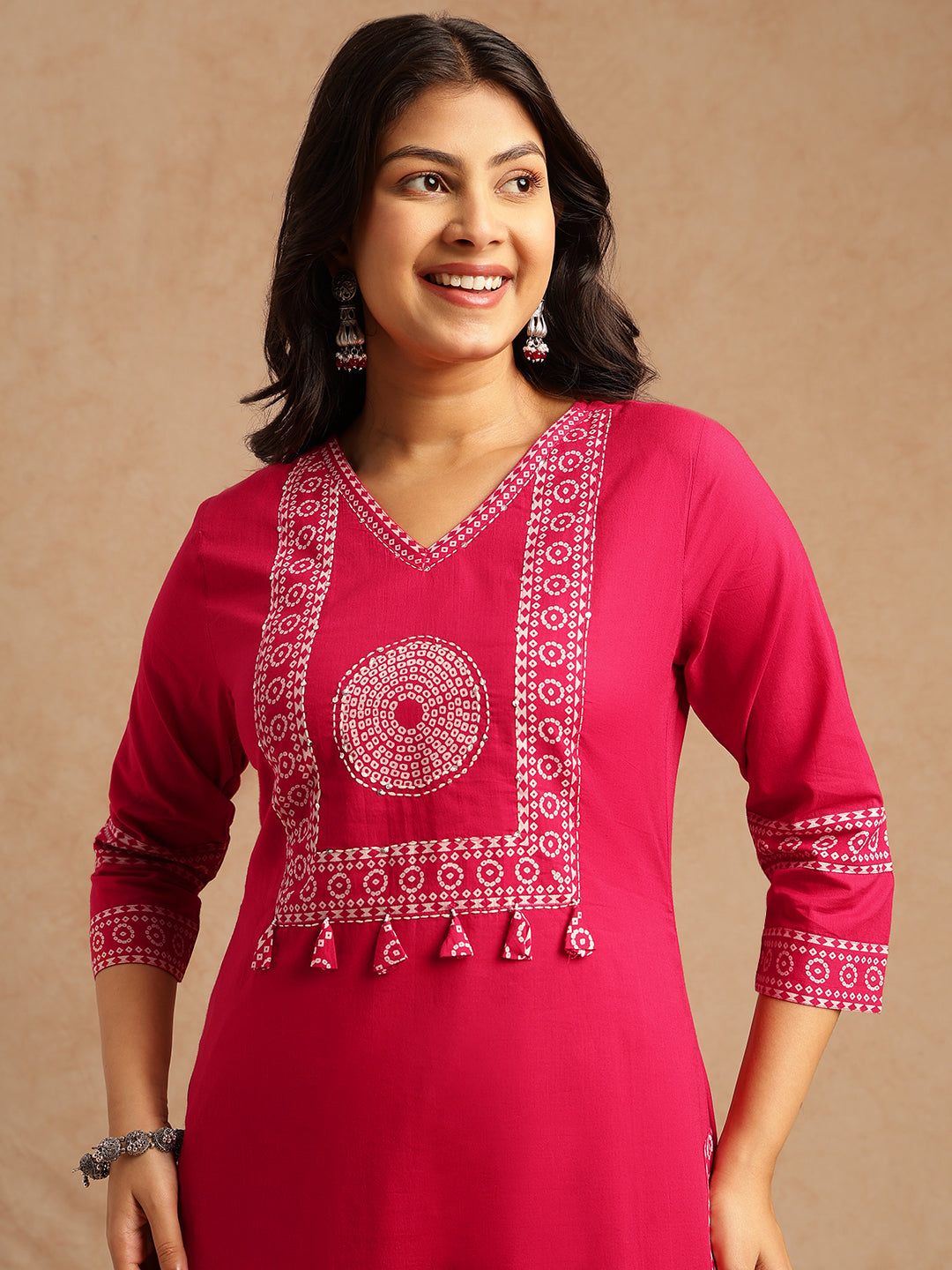Pink Bandhani Print Straight Cotton Stitched Kurta Set