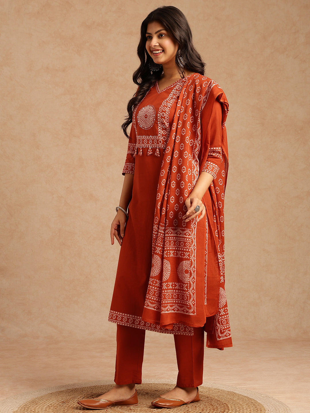 Orange Bandhani Print Straight Cotton Stitched Kurta Set