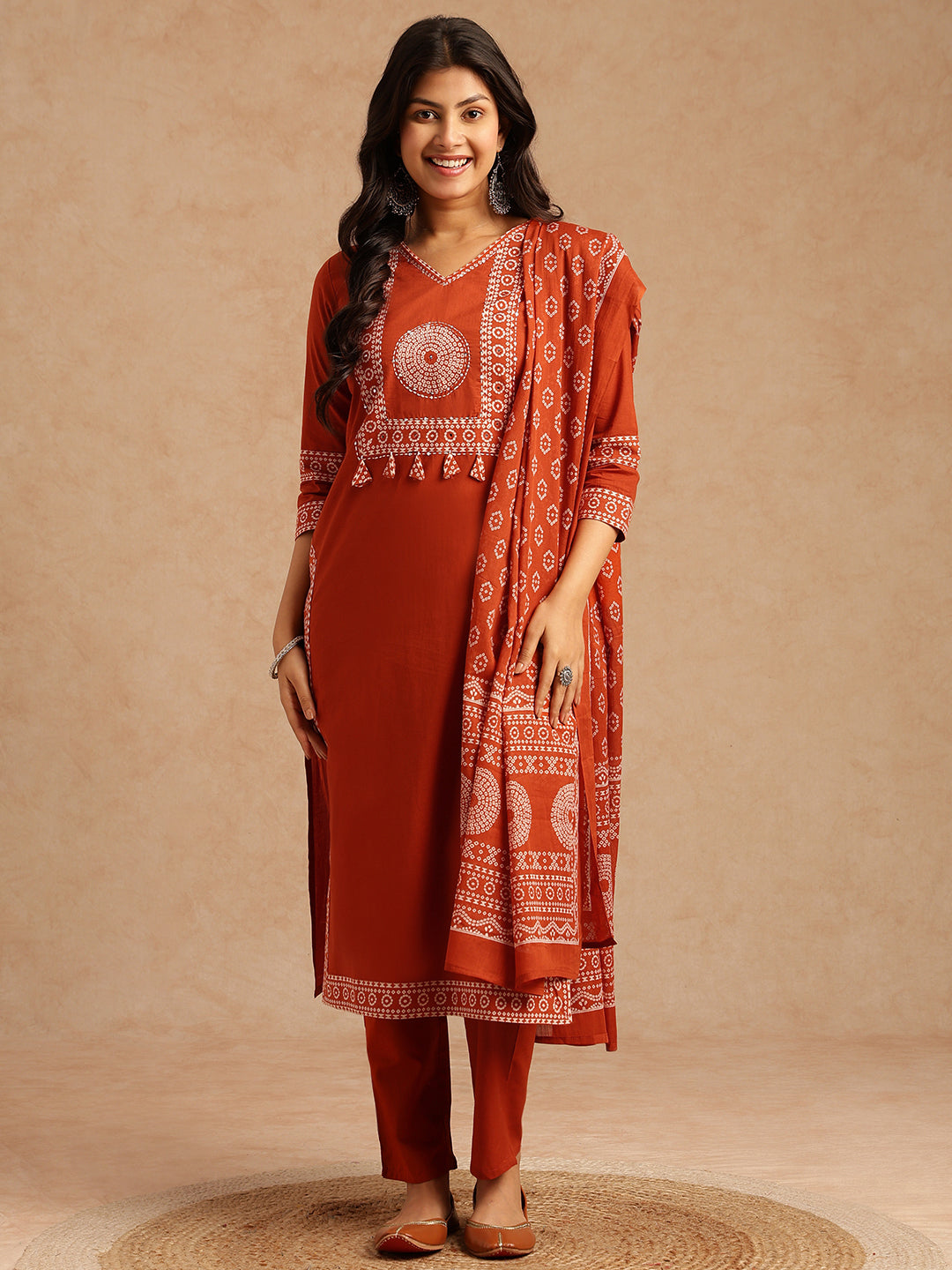 Orange Bandhani Print Straight Cotton Stitched Kurta Set
