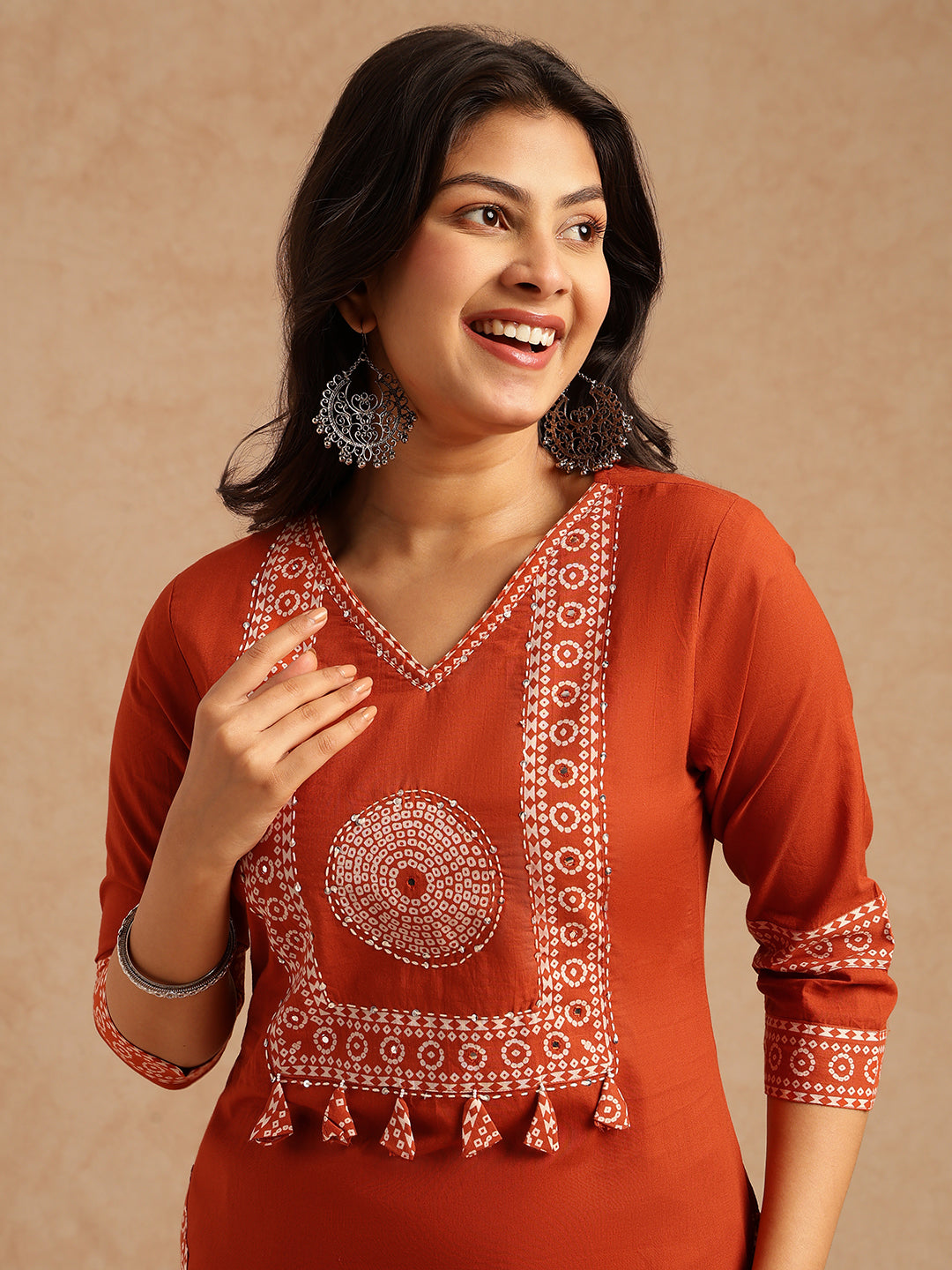 Orange Bandhani Print Straight Cotton Stitched Kurta Set