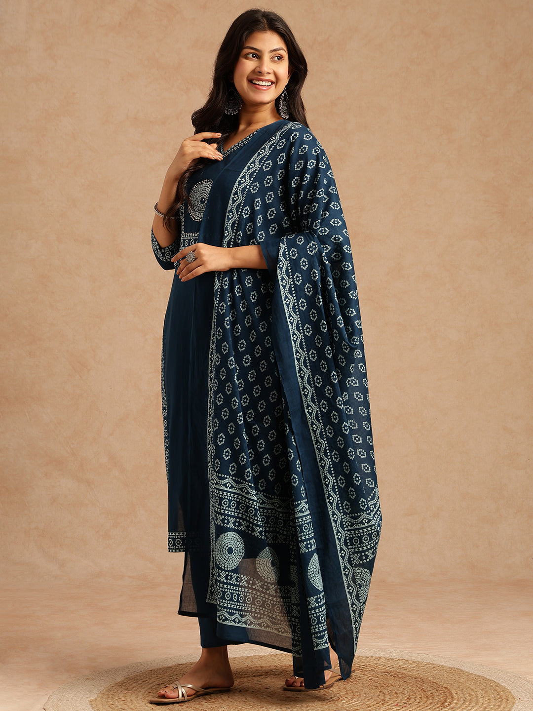 Blue Bandhani Print Straight Cotton Stitched Kurta Set