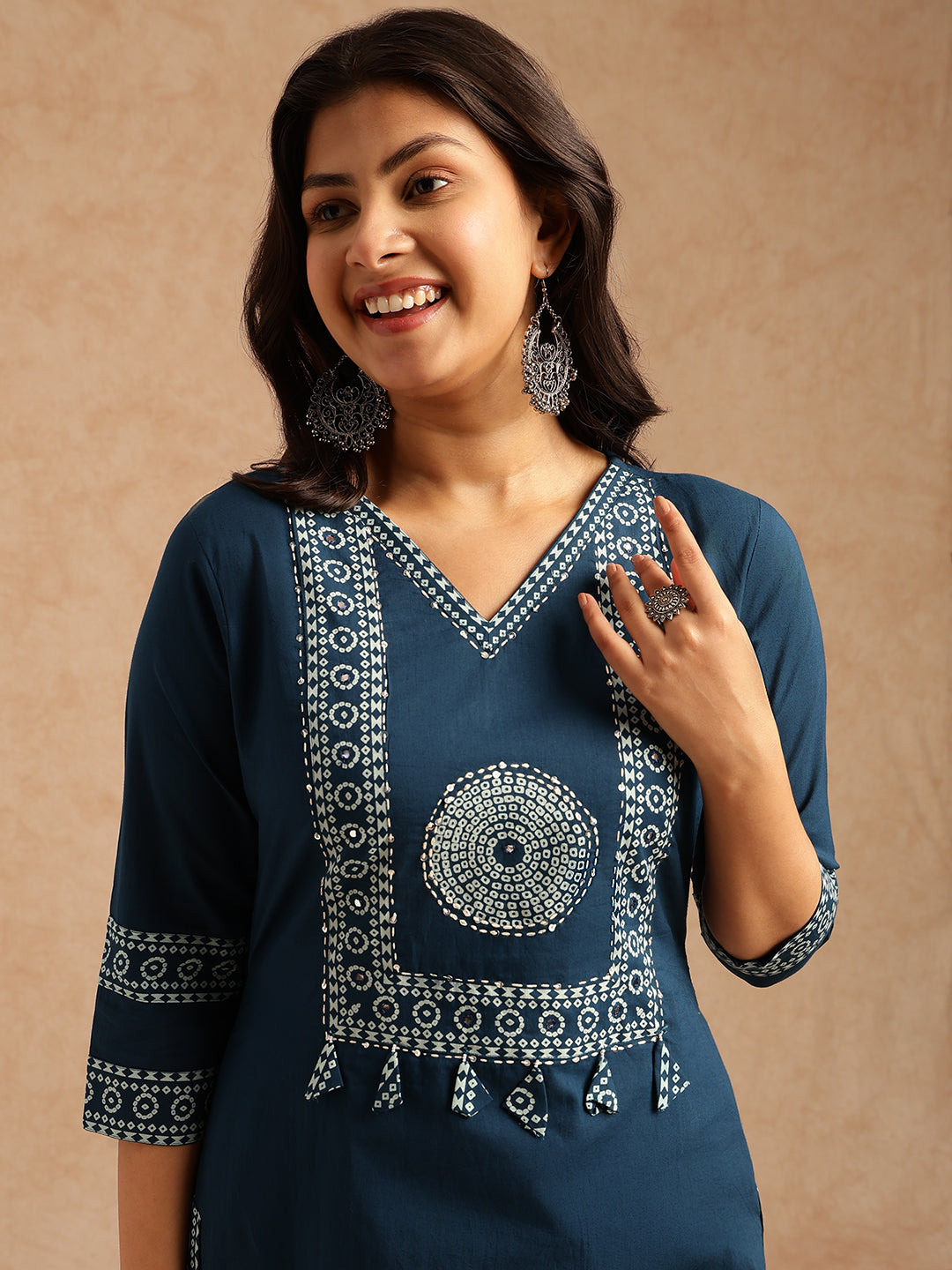 Blue Bandhani Print Straight Cotton Stitched Kurta Set