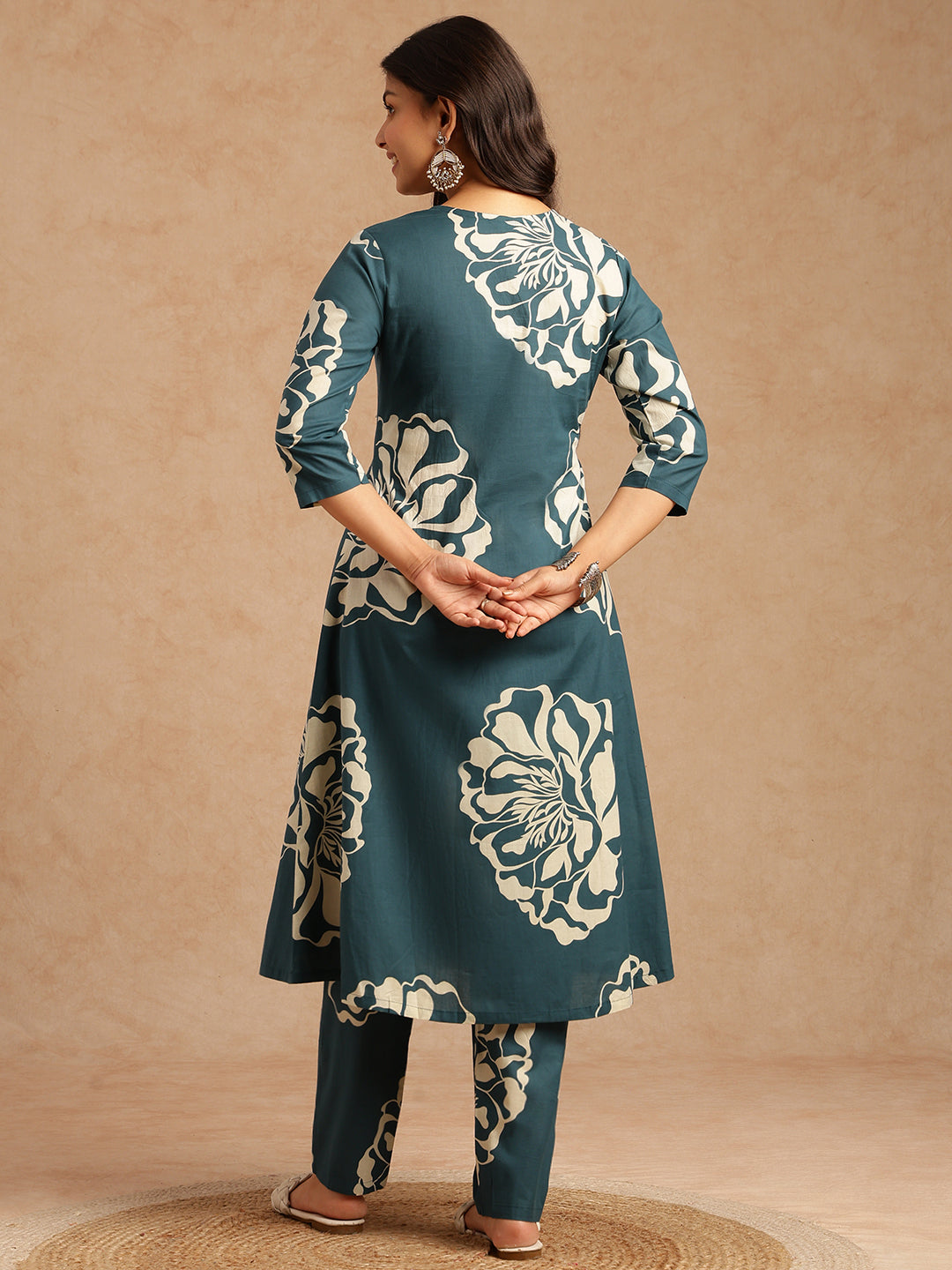 Teal Floral Print A-Line Cotton Stitched Kurta Set