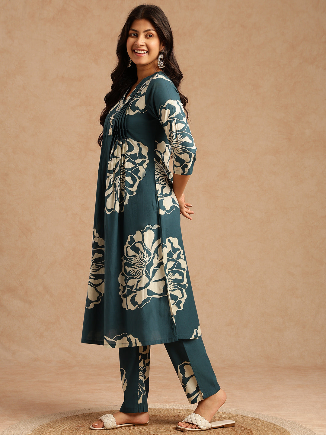 Teal Floral Print A-Line Cotton Stitched Kurta Set