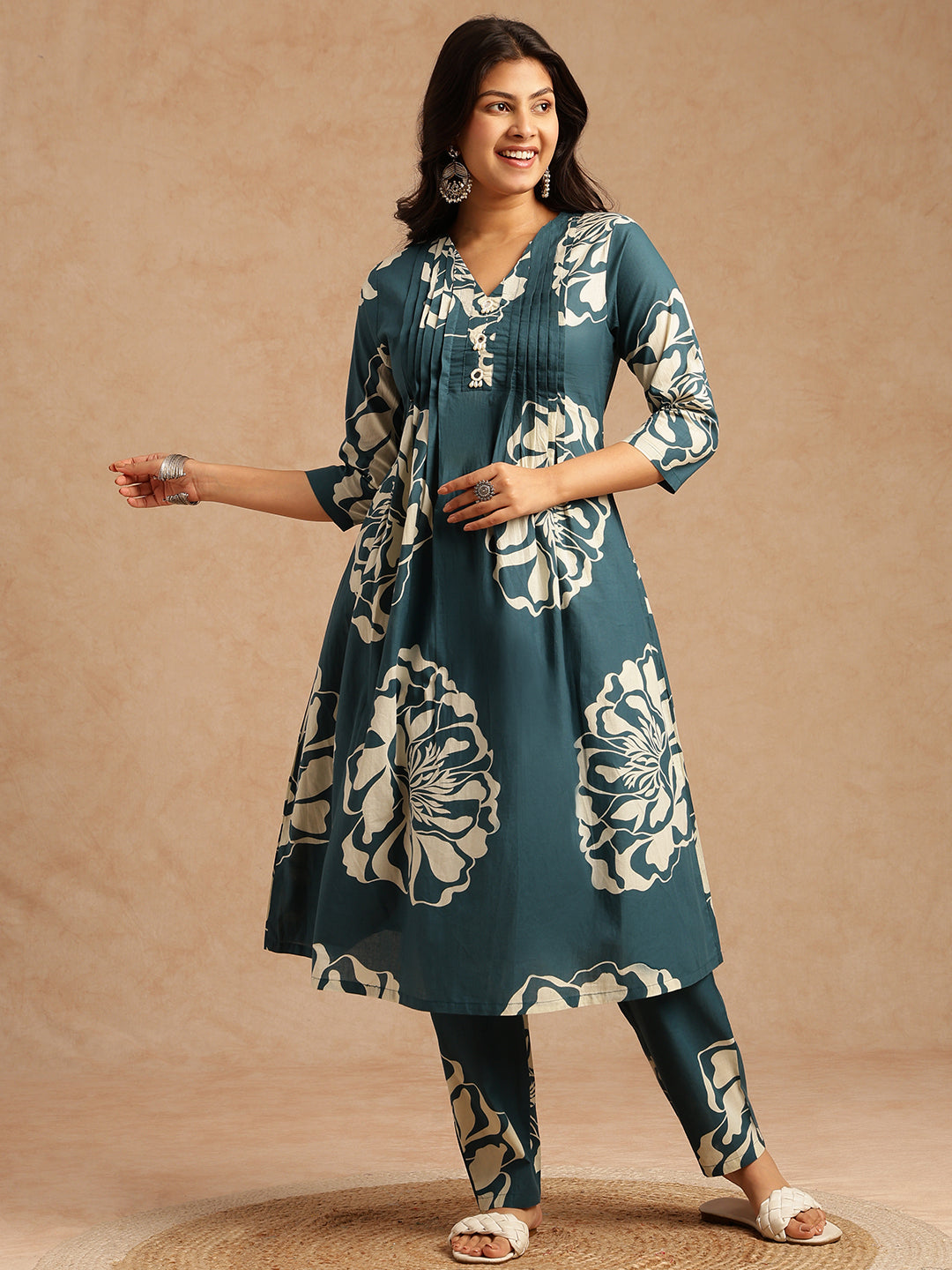 Teal Floral Print A-Line Cotton Stitched Kurta Set