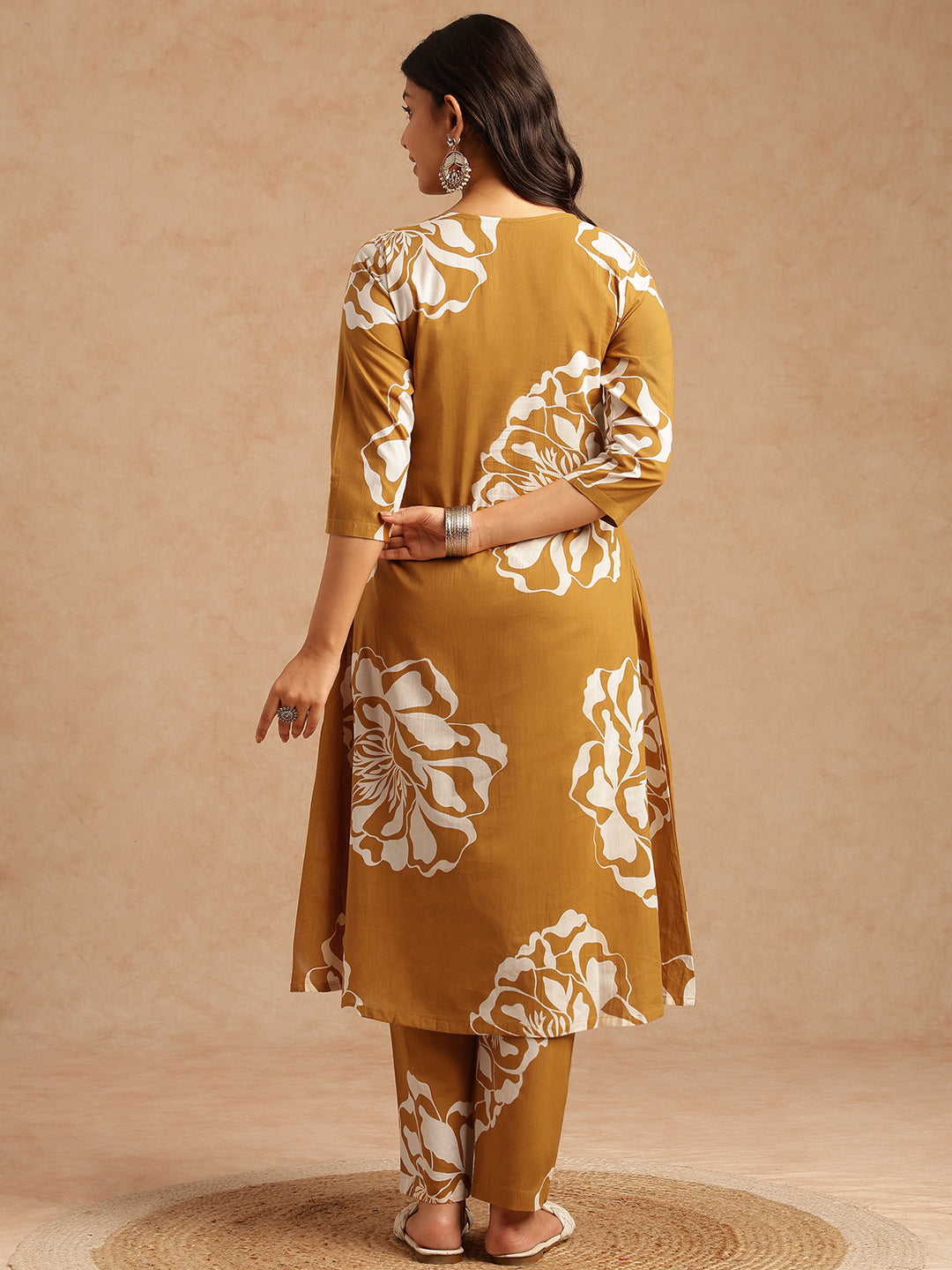 Mustard Floral Print A-Line Cotton Stitched Kurta Set