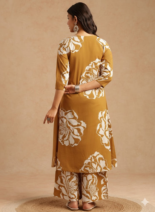 Mustard Floral Print A-Line Cotton Stitched Kurta Set