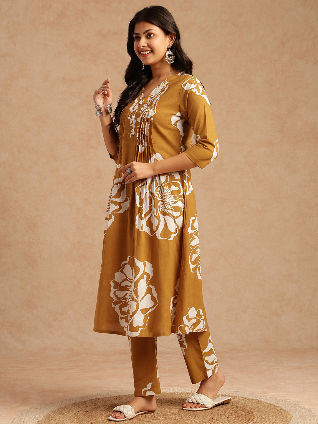 Mustard Floral Print A-Line Cotton Stitched Kurta Set