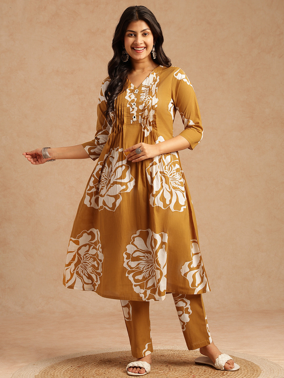 Mustard Floral Print A-Line Cotton Stitched Kurta Set