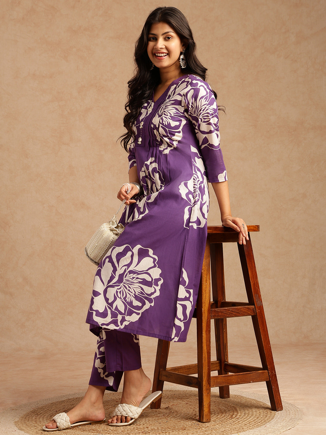 Violet Floral Print A-Line Cotton Stitched Kurta Set