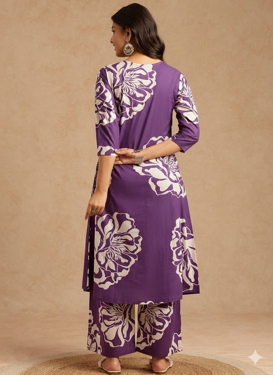 Violet Floral Print A-Line Cotton Stitched Kurta Set
