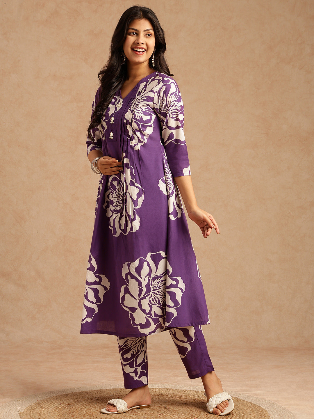 Violet Floral Print A-Line Cotton Stitched Kurta Set