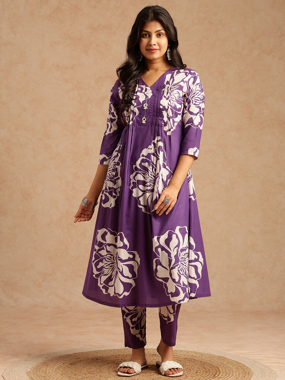Violet Floral Print A-Line Cotton Stitched Kurta Set
