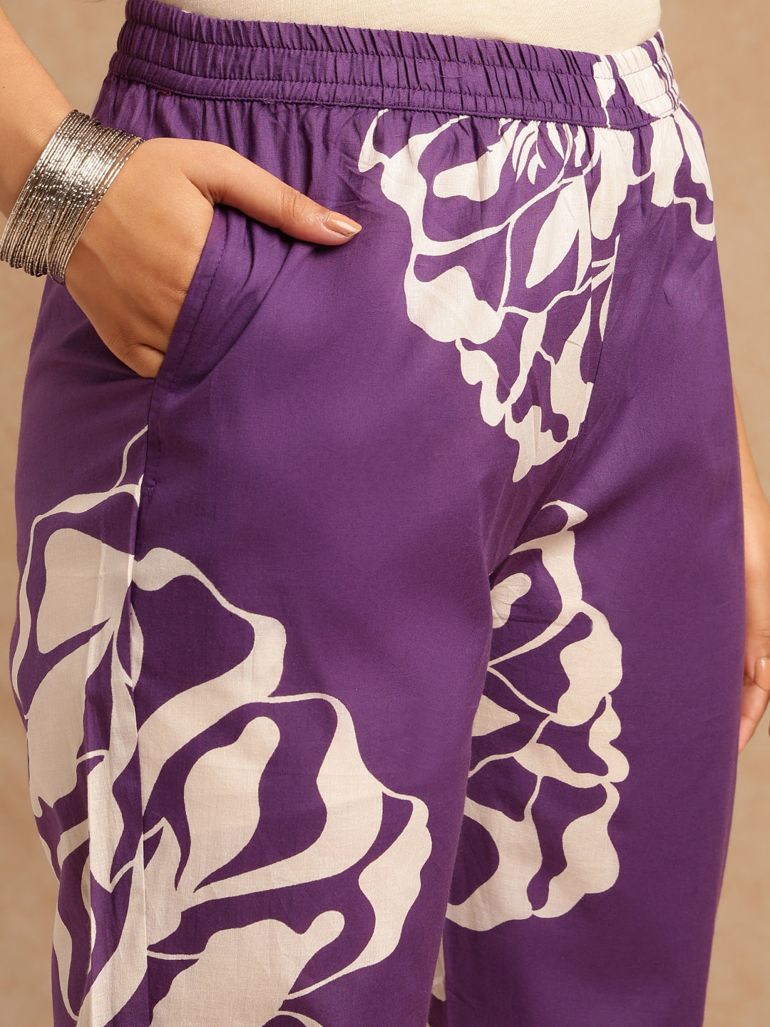 Violet Floral Print A-Line Cotton Stitched Kurta Set