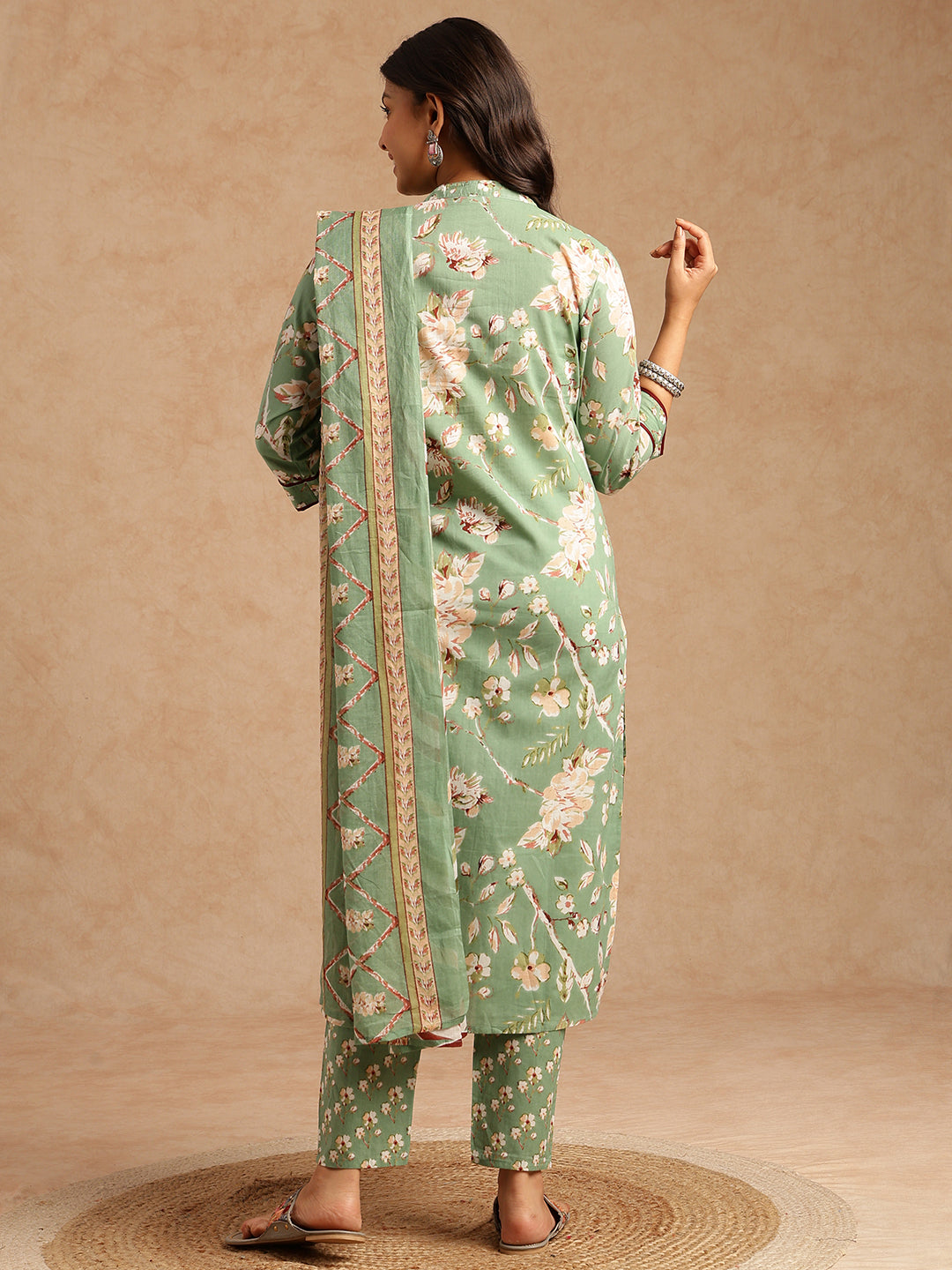 Pista Floral Print Straight Cotton Stitched Kurta Set