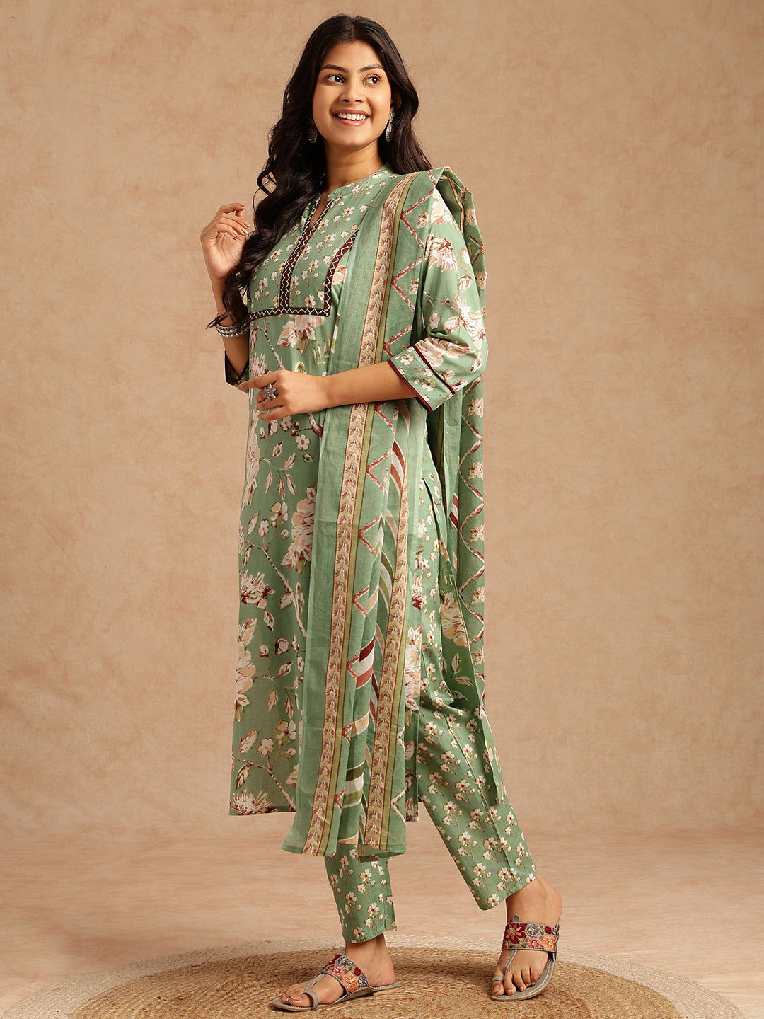 Pista Floral Print Straight Cotton Stitched Kurta Set