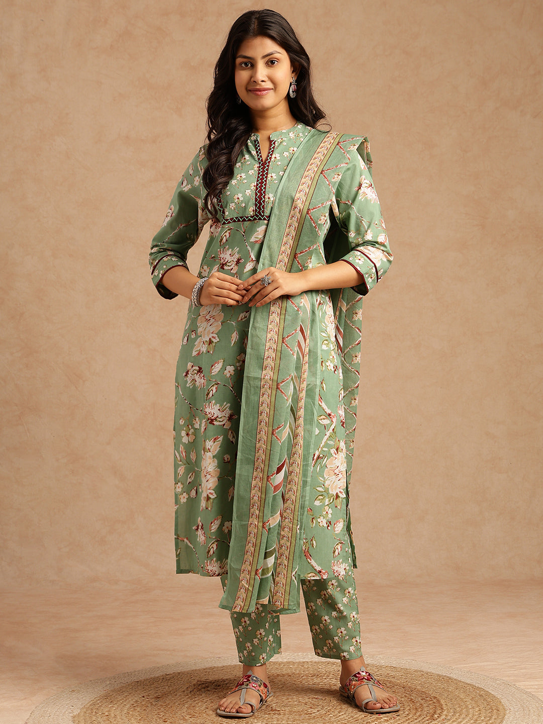 Pista Floral Print Straight Cotton Stitched Kurta Set