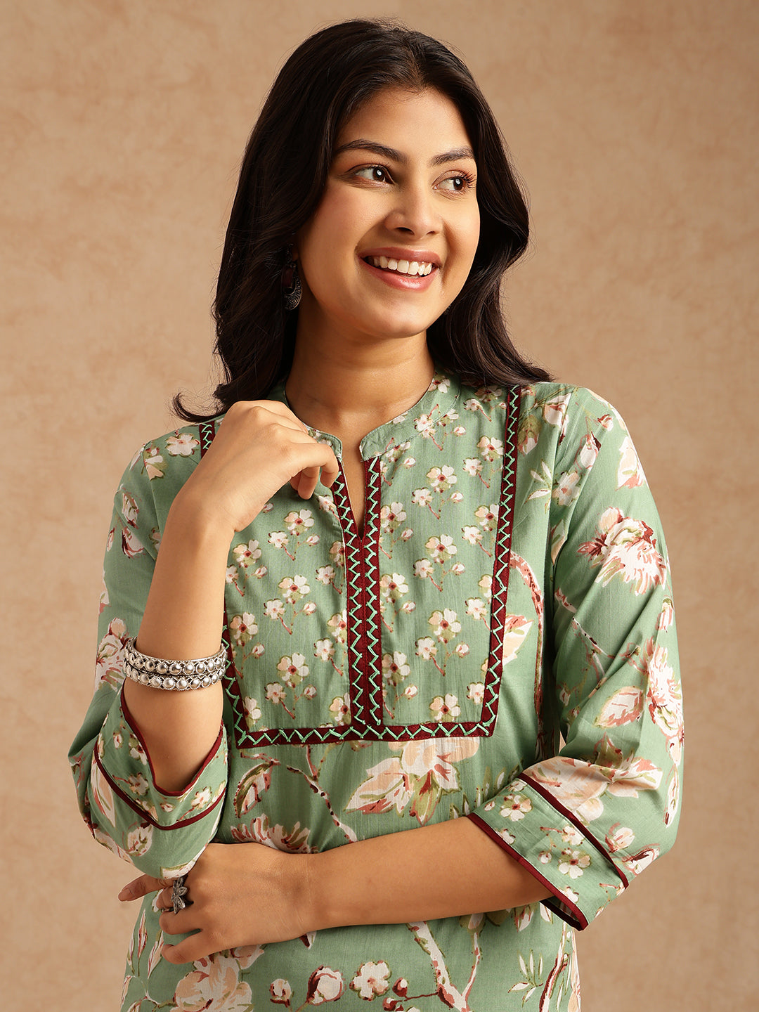 Pista Floral Print Straight Cotton Stitched Kurta Set