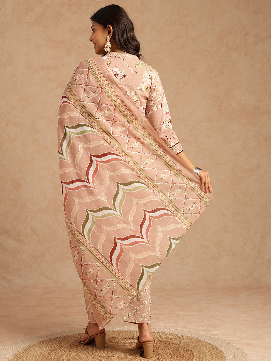 Peach Floral Print Straight Cotton Stitched Kurta Set