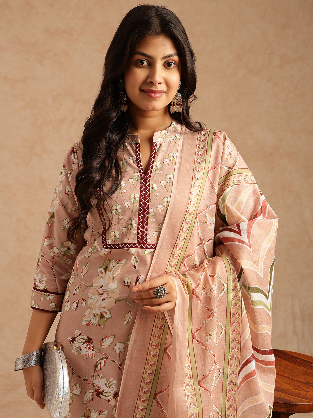 Peach Floral Print Straight Cotton Stitched Kurta Set
