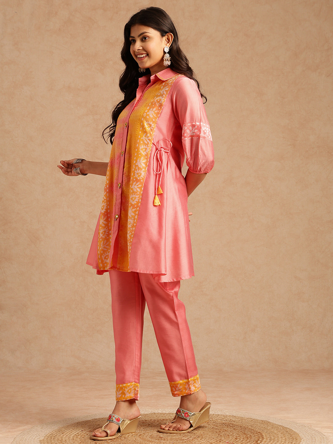 Pink Batik Print A-Line Chanderi Stitched Kurta Set