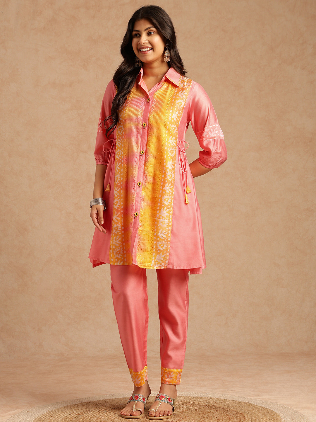 Pink Batik Print A-Line Chanderi Stitched Kurta Set