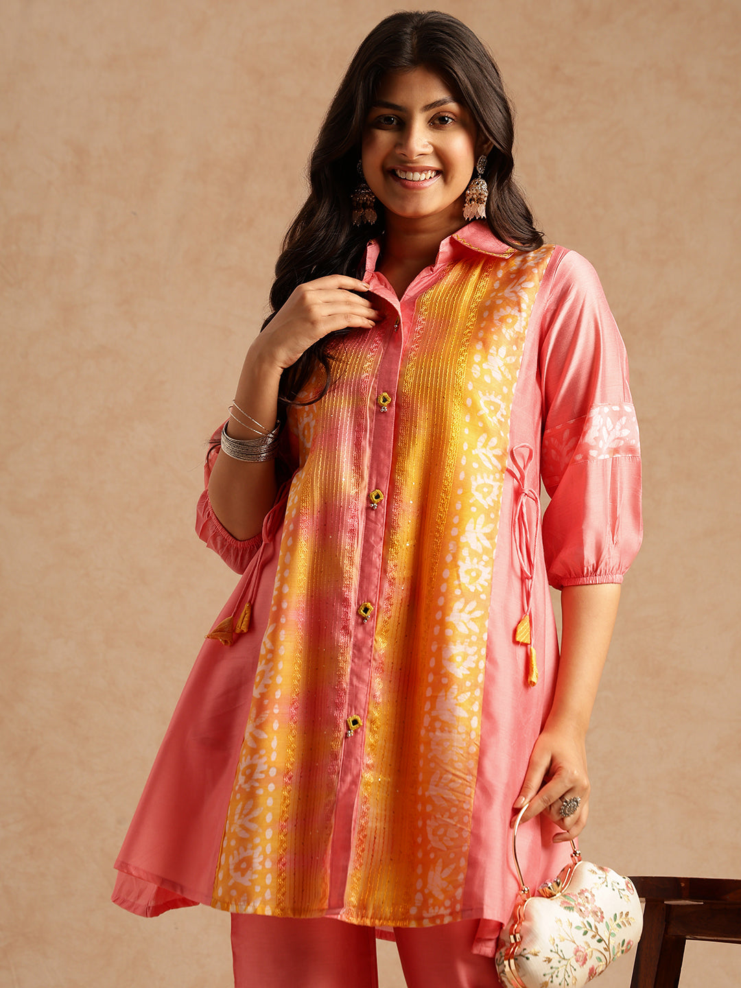Pink Batik Print A-Line Chanderi Stitched Kurta Set