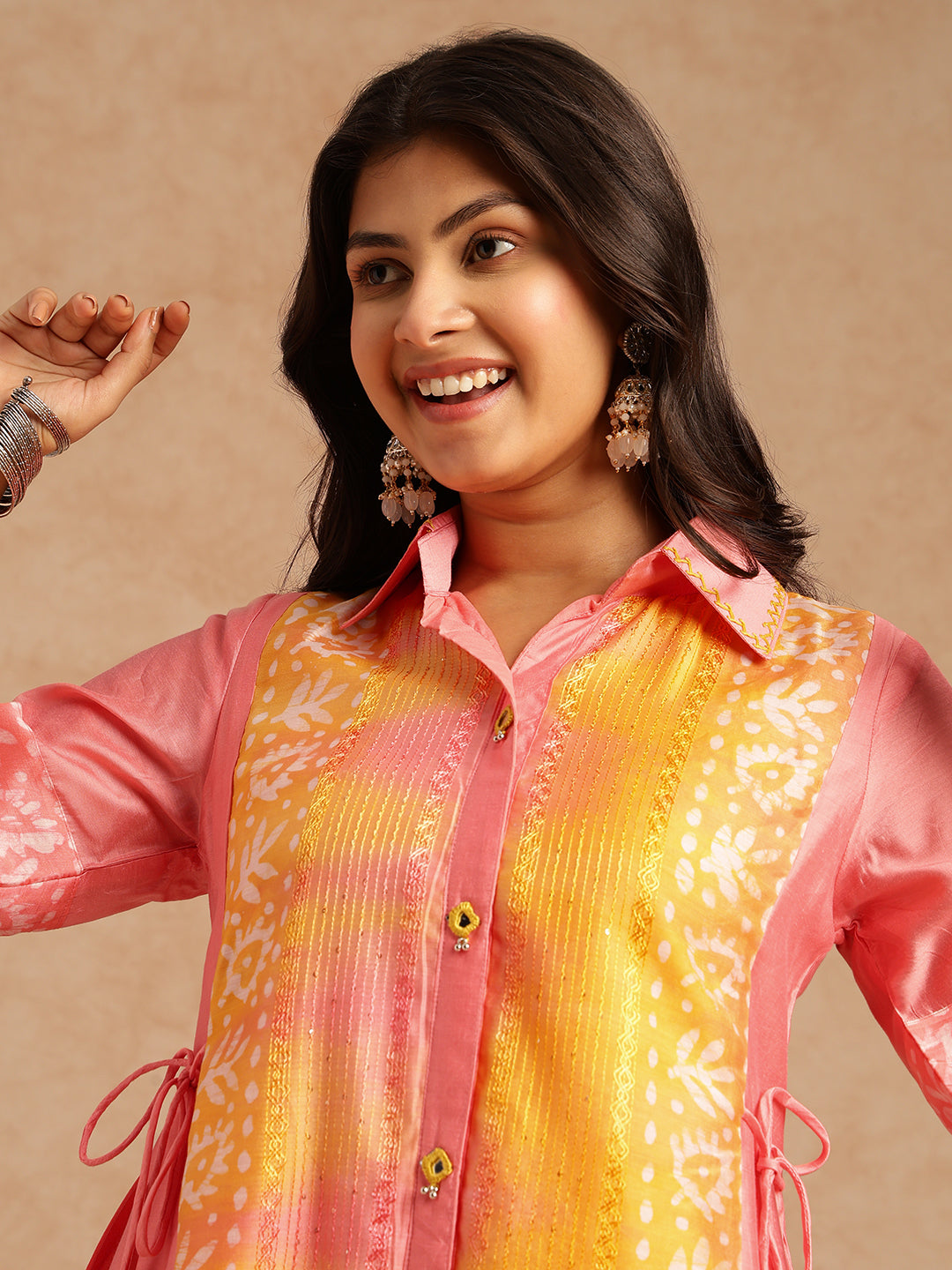 Pink Batik Print A-Line Chanderi Stitched Kurta Set