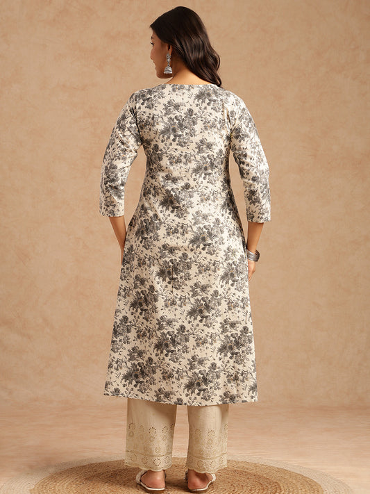 Grey Floral Print A-line Cotton Flex Kurta