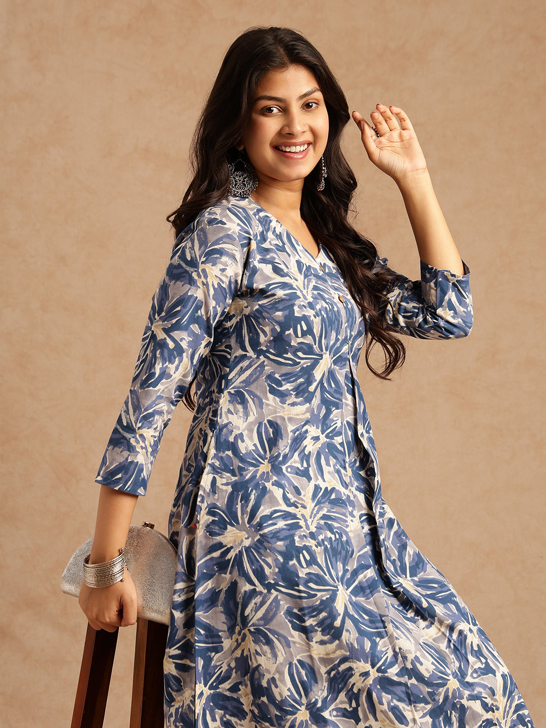 Blue Floral Print A-line Cotton Flex Kurta