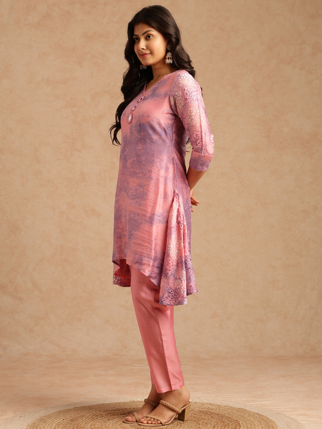 Lavender Embroidered A-Line Chanderi Stitched Kurta Set