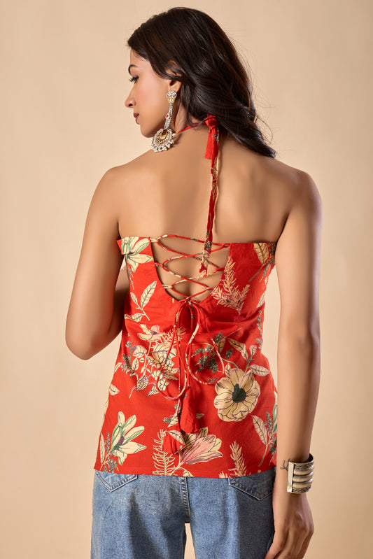 Orange Floral Printed Straight Cotton Stitched Top