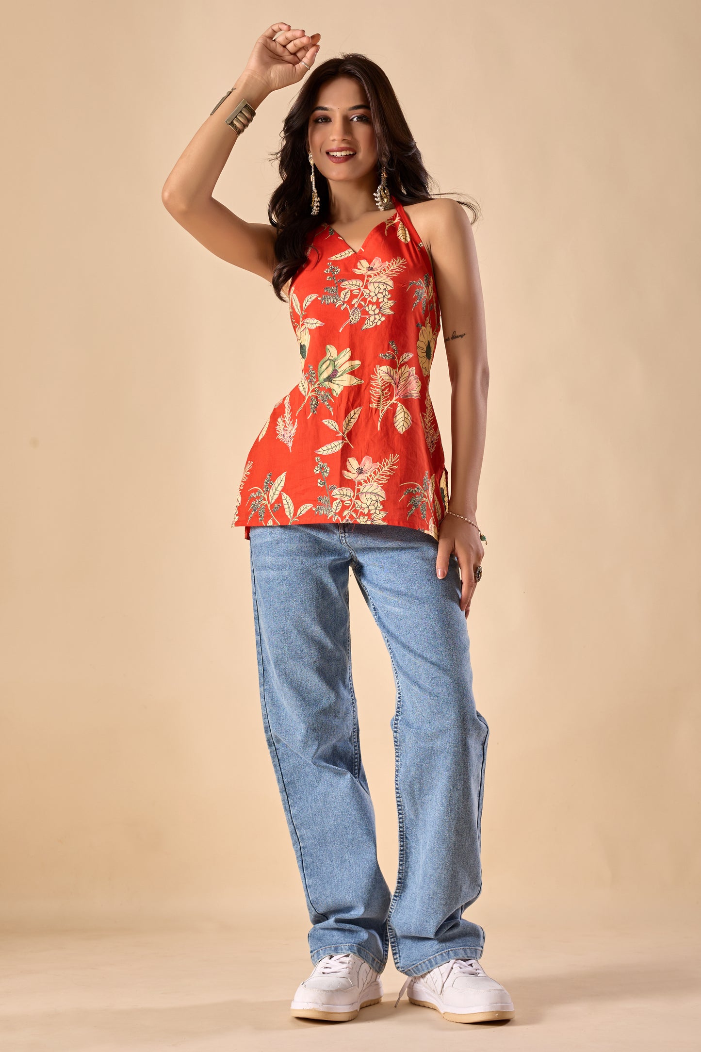 Orange Floral Printed Straight Cotton Stitched Top