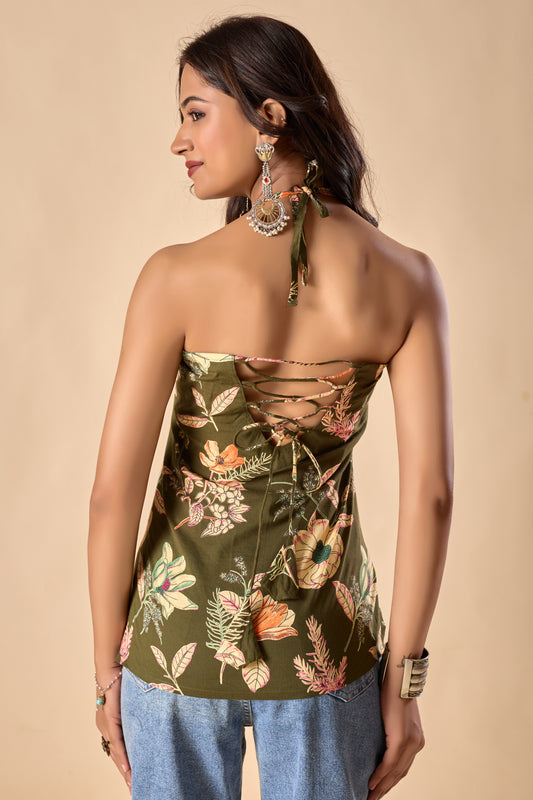 Mahendi Floral Printed Straight Cotton Stitched Top