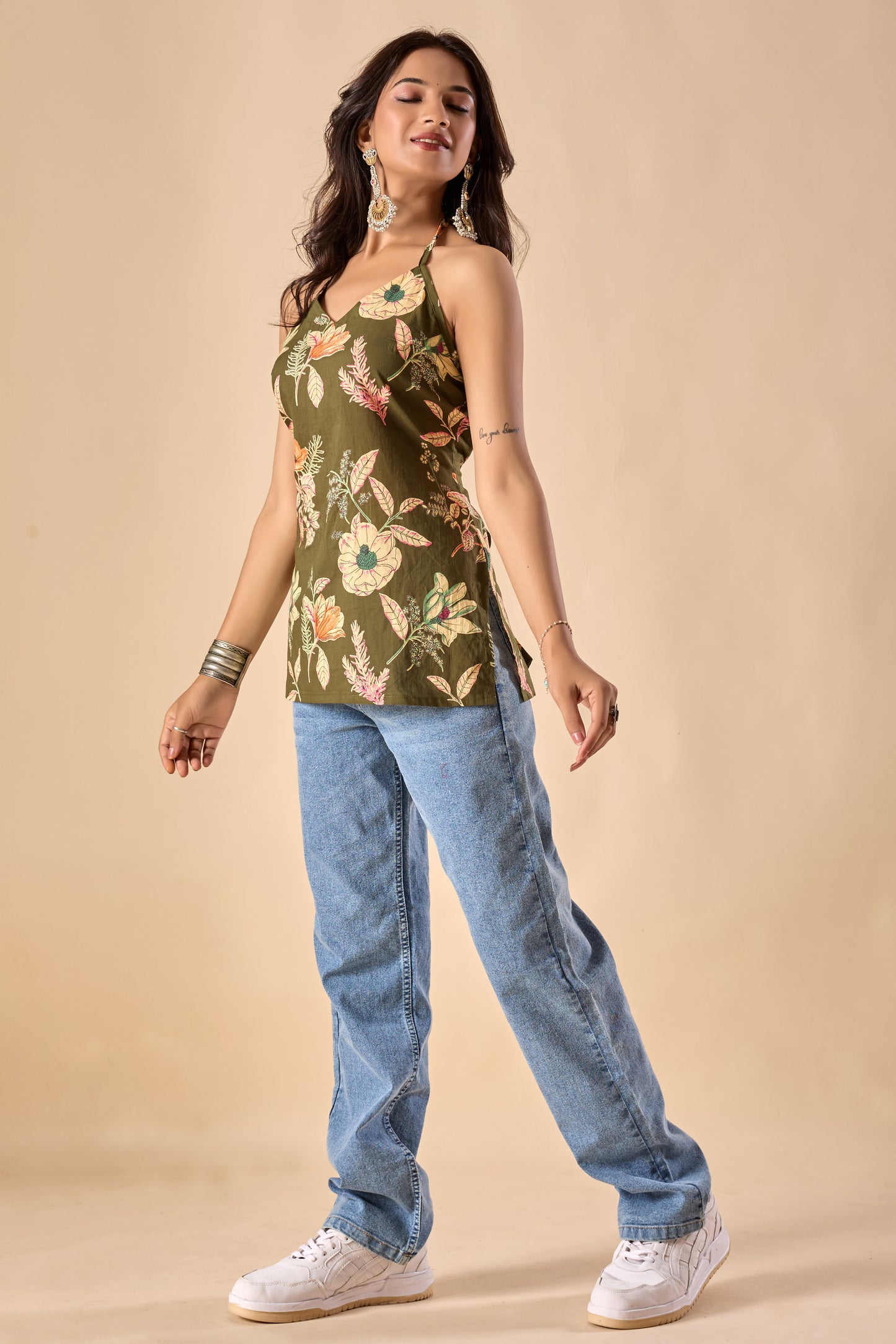 Mahendi Floral Printed Straight Cotton Stitched Top